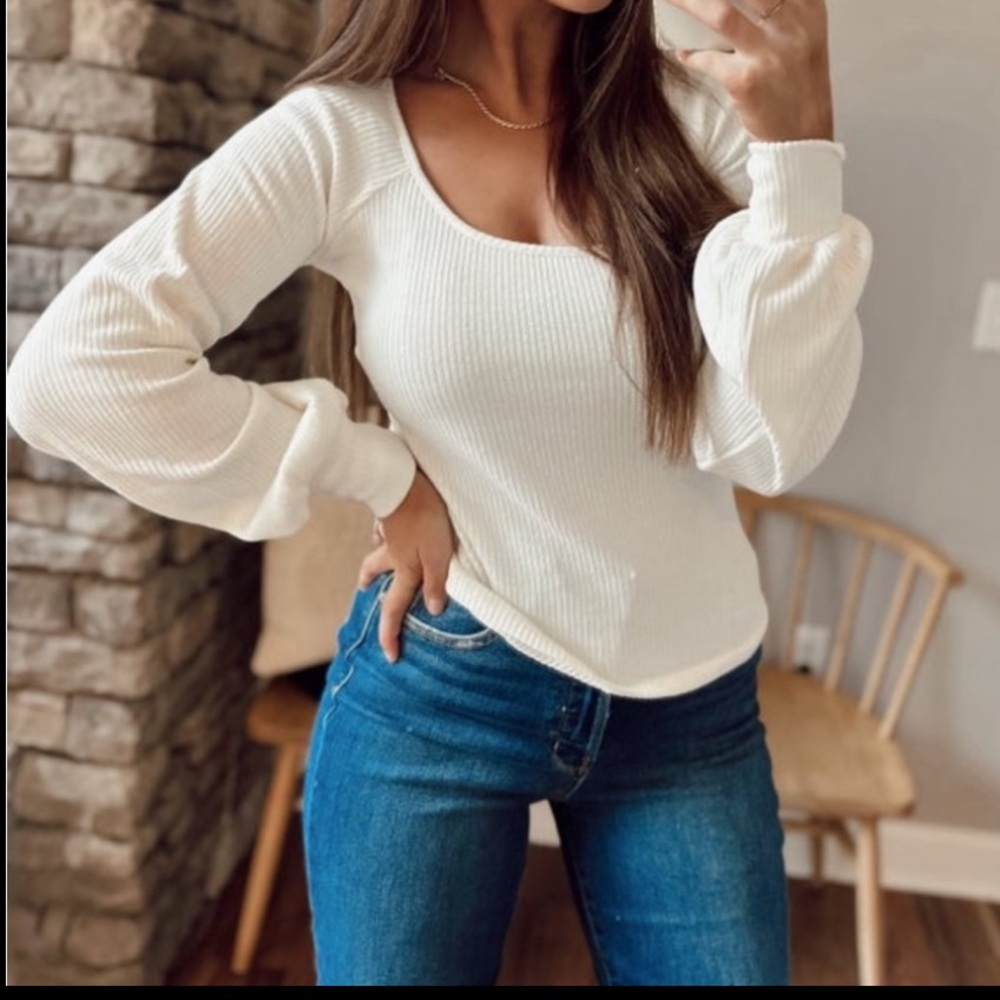 Double Zero White Ribbed Long Sleeve Top